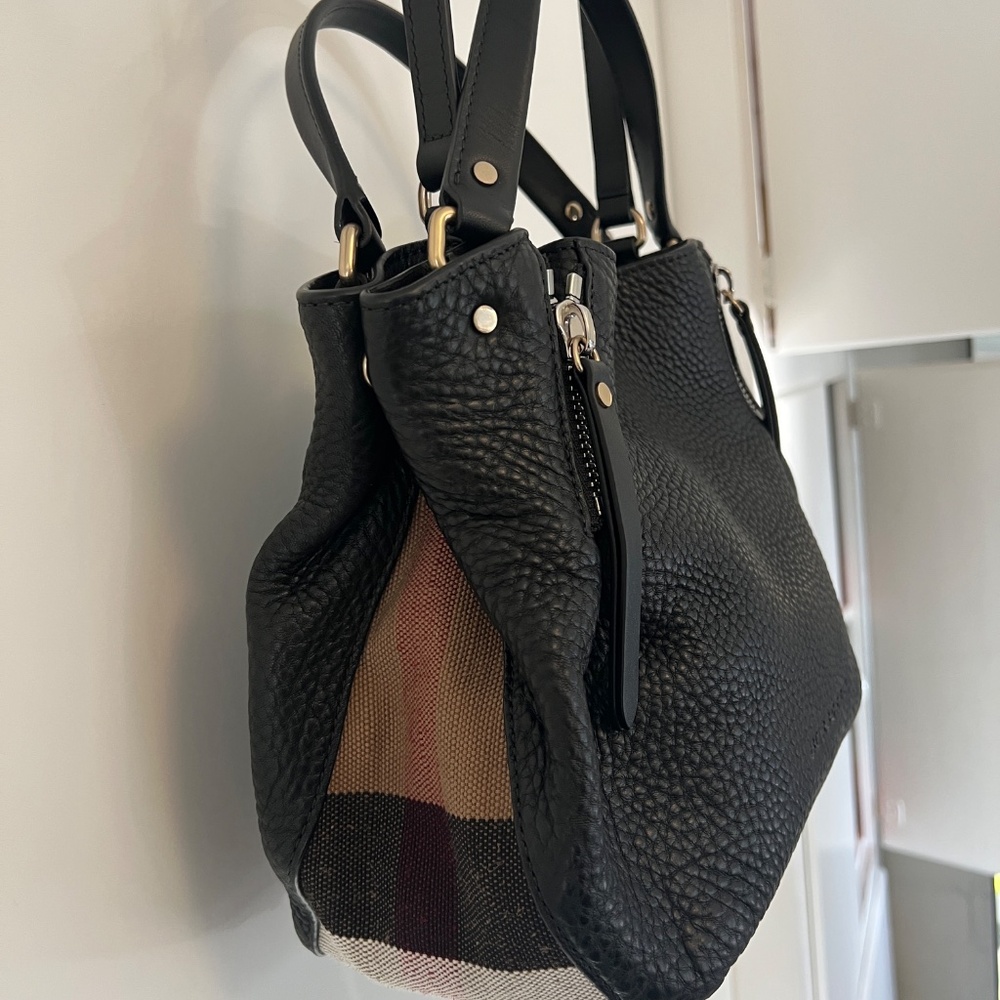 BURBERRY Maidstone Black Leather House Check Canvas Small Tote Bag - Picture 10 of 14